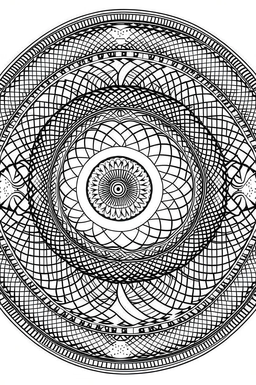 Mandala of the Yin Yang symbol merged with the Sri Yantra, rendered in black and white with clear lines for an adult coloring book, contour, vector, clean line art, against a white background