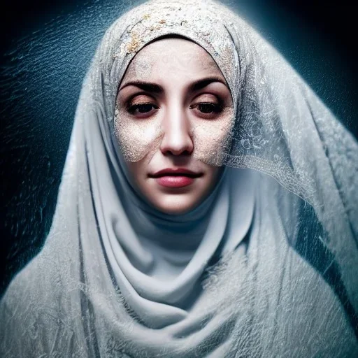 close-up portrait of woman in hijab dissolving into dust, fine detail, highly intricate, wearing bridal veil, modern surrealism painting, defined cracks and breaks, high-quality, volumetric lighting, 8k, ultrahd, George Grie, Marco Escobedo, Igor Morski