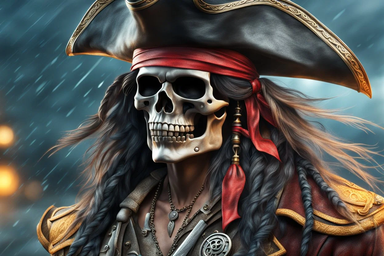 Skeleton pirate in 8k realistic cgi drawing style, sea, Storm, close picture, rain, neon, highly detailed, high details, detailed portrait, masterpiece,ultra detailed, ultra quality