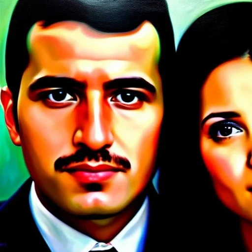 portrait of Jacobo Santiago Mozos born in 1976 and Gemma Arnau Arnau born in 1979, oil on canvas, cinematic composition, extreme detail,8k,fit full head inside picture,