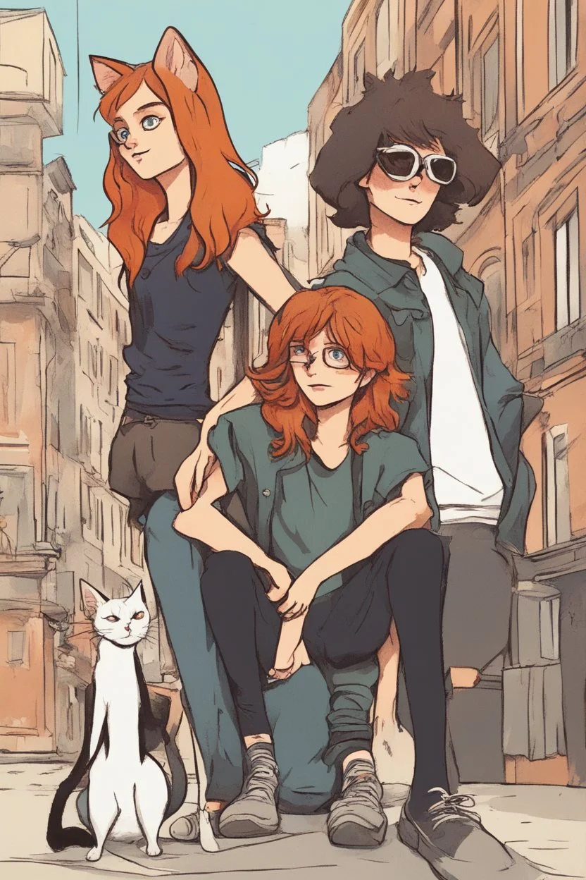 Act like a book cover designer. Use comic style. Grimmy black cat and three teenagers (13-15 years old) - two brothers with ginger hair and frickles with a brown-haired girl. Environment: old town.