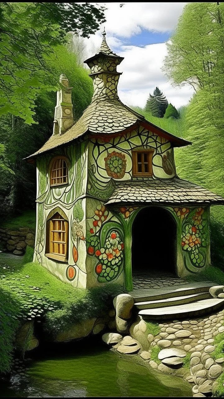 Bosch nightmares, A house made out of white fathers by the lake designed in cave paintings painted by Paul Ranson ,