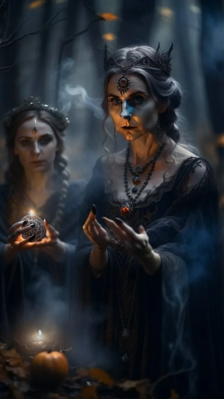 close up portrait of merciless medieval countess and her creepy sister in big eyed trance, delicate hands, full moon, swirly mist,autumn wind, performing arcane invocation ritual of smoke demon with immense power on luminous stone altar in dark forest grove, shot on Hasselblad h6d-400c, zeiss prime lens, bokeh like f/0.8, tilt-shift lens 8k, high detail, smooth render, down-light, unreal engine, prize winning