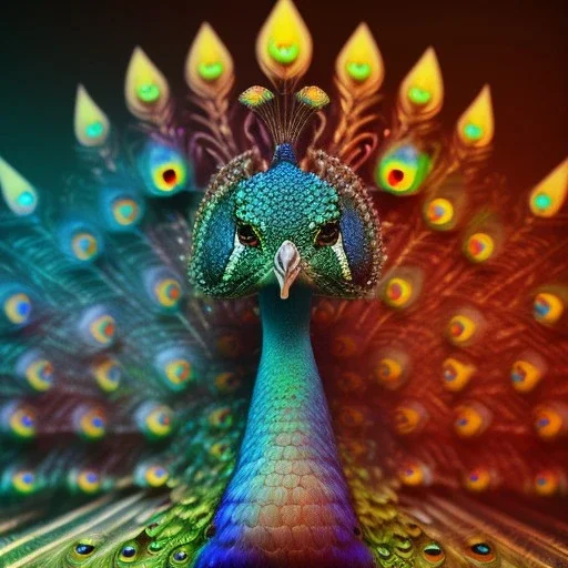 peacock face,surreal, Unreal Engine 5, lens macro,sharp focus, realistic, hyper detailed, studio lighting, neon light ambient