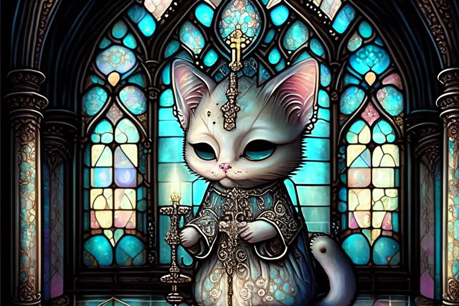 Cute chibi antropomorphic bioluminescent cat priest in a gothic church, tiffany glass windows extremely detailed intricate very attractive beautiful high definition crisp quality Nicoletta Ceccoli Catrin Welz-Stein Meghan Duncanson Dee Nicerson Naoto Hattari