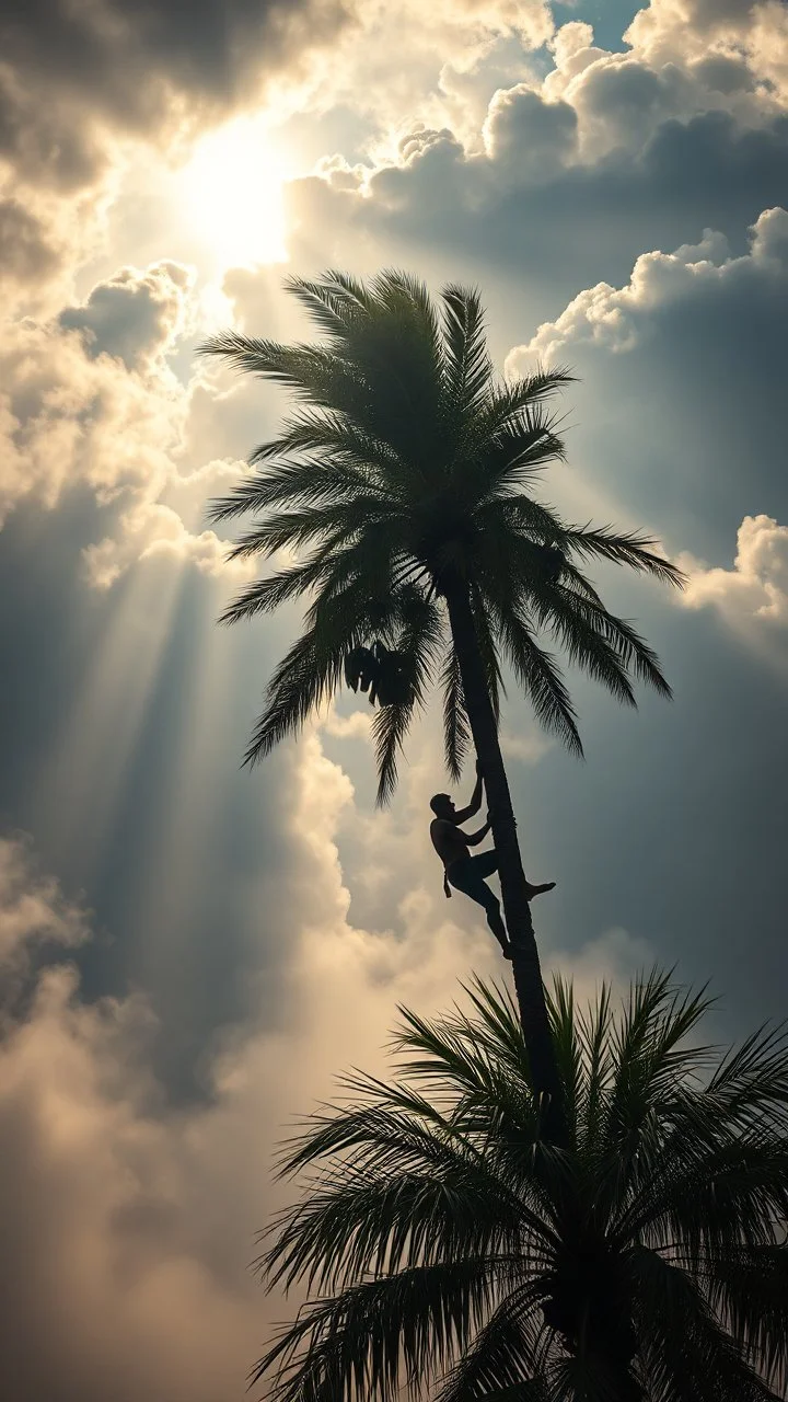 Sun light above swirling clouds, emerges from the heart of a raging storm. Turbulent winds of steam swirl around lit by shafts of sunlight that cast dramatic shadows on the A man climbing on a beautiful date palm tree, High quality 16k cinematic scene and great photography