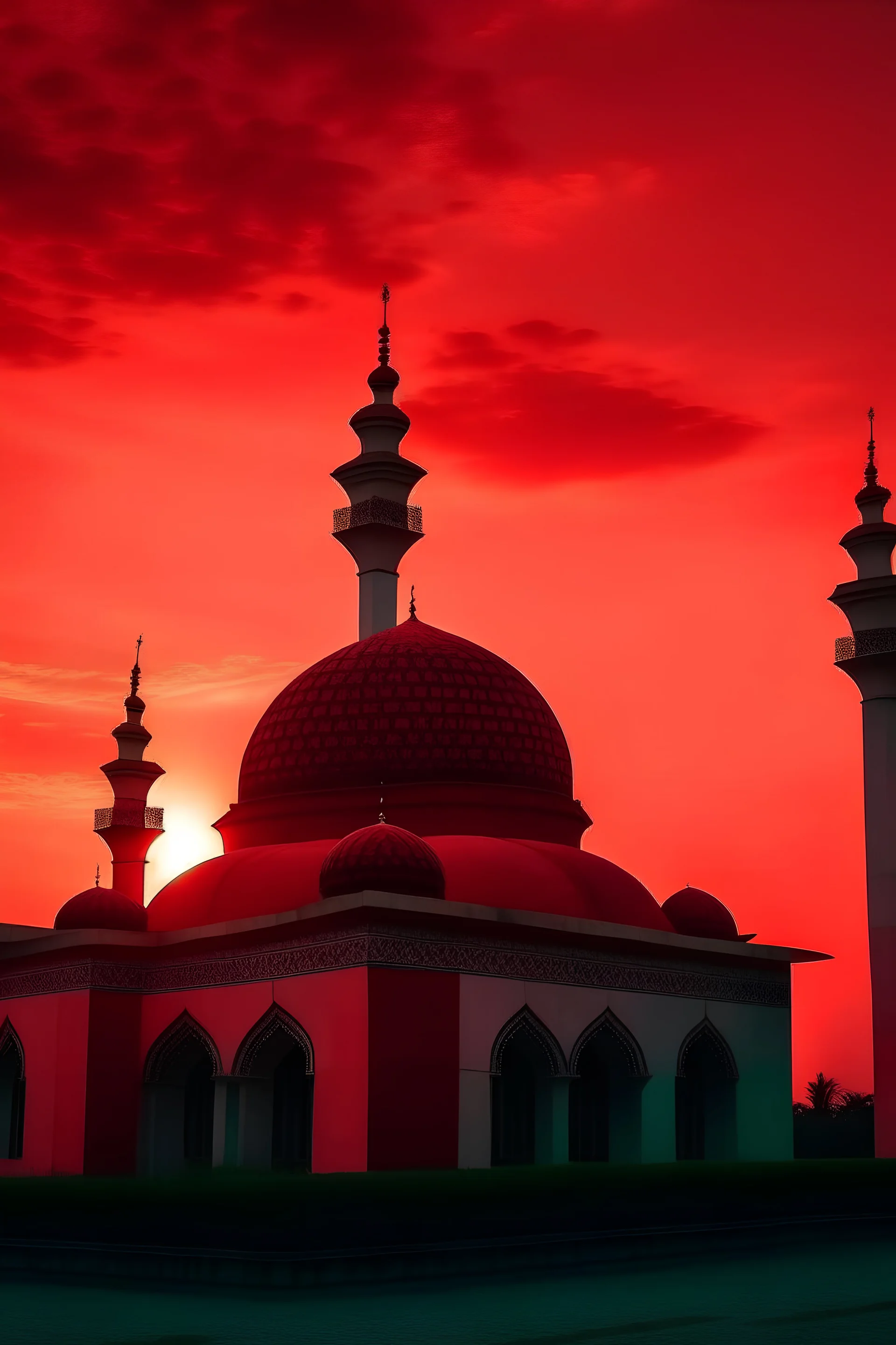 gambar masjid dengan pemandangan langit merah sore