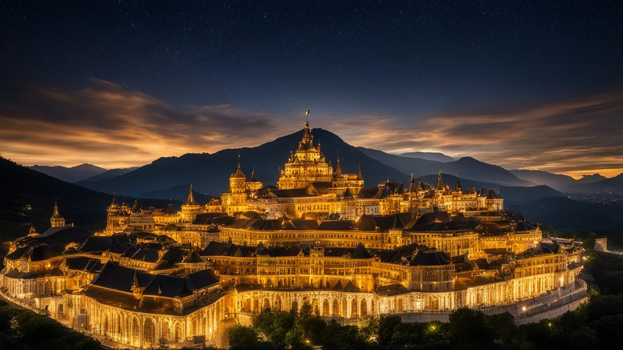 142857, delightful, sensitive, fantastic, confident, undulating sinusoidal castle with hyperbolic golden roofs, delicate, night, darkness, architecture, award-winning photograph, beautiful composition, dreamlike, filled with beautiful detail, delicate colour, chiaroscuro