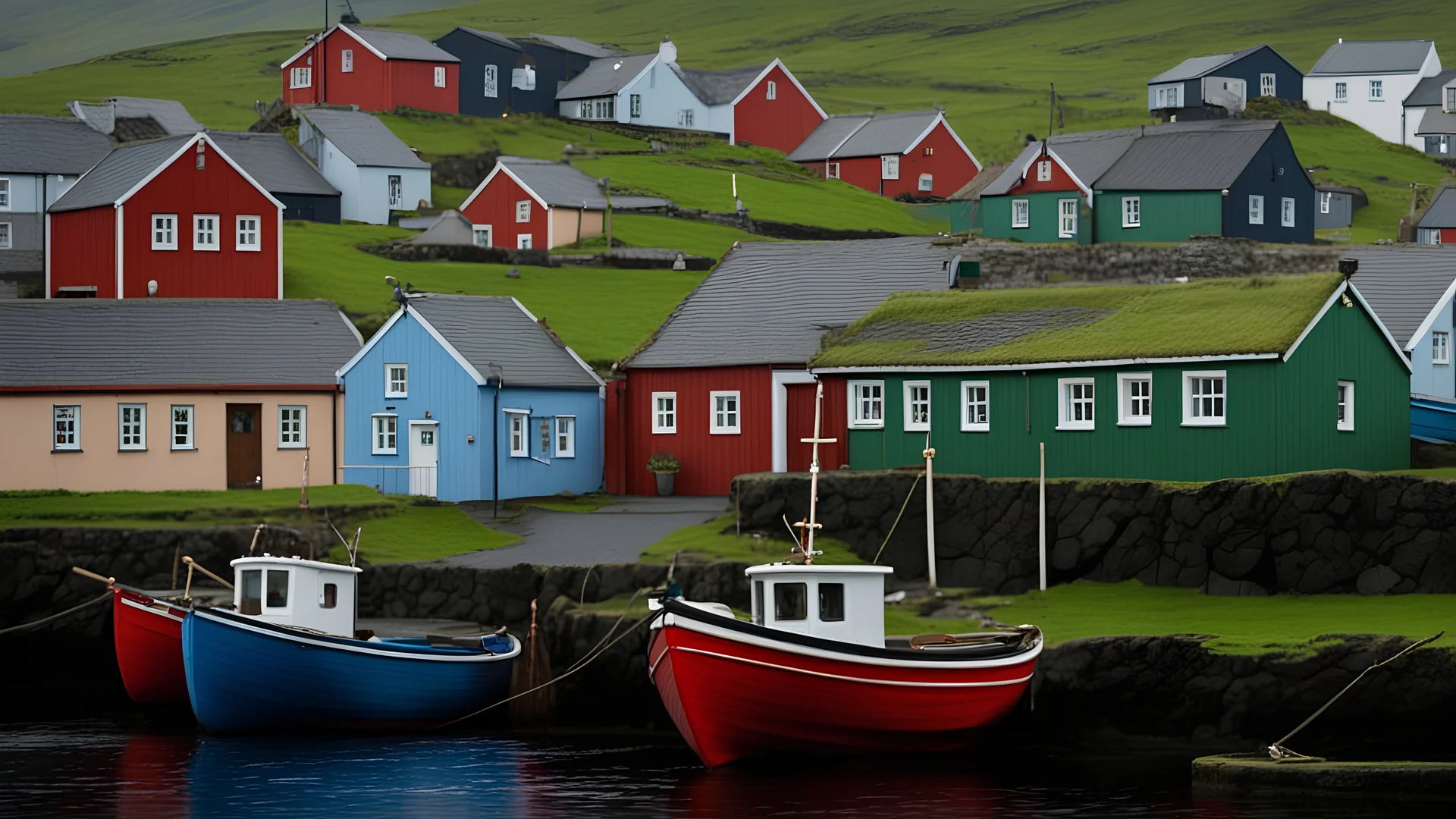 Painted fishermen’s boats anchored in a harbour in the Faroe Islands near a fishing village, fishermen putting fishing nets on their boats, peaceful, calm sea, early morning, sunrise, houses have turf (grass) roofs, beautiful romantic photograph, excellent composition, atmospheric, realistic