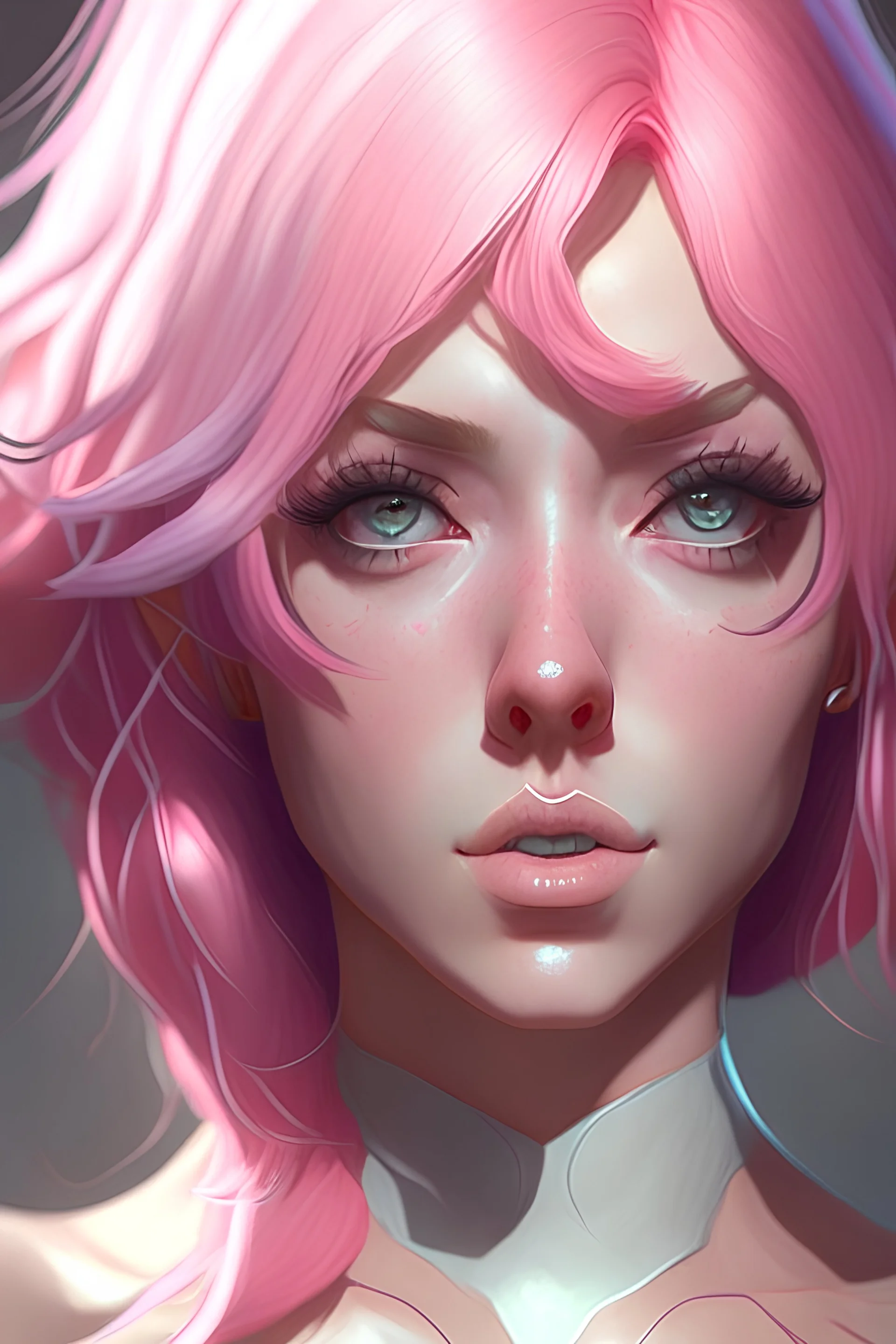 best quality,masterpiece, full body portrait of a woman, eyes, nose,lips,pink hair,big chest,(anime woman:1.3), ,symmetrical eyes, soft lighting, detailed face, concept art, digital painting, looking into camera,3d,art by artgerm