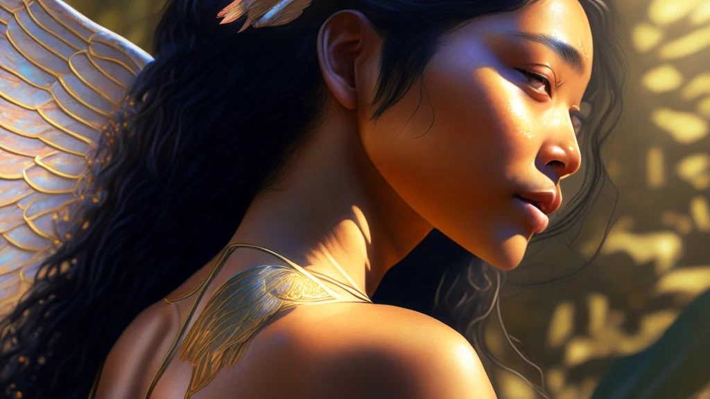 beautyfull asiatic woman, art by kiera malone , concept art modern photorealistic, in the style of , Artstation, sunlight, Unreal Engine sharp fine details trending on artstation reflections 4k ultra realistic post-processing A detailed illustration of a beautiful young female human with growing out of her back. Her skin, hair and face are all made of paint. Her wings are spread. Front view. Highly detailed flawless facial features and eyes. Abstract Oil painting splash art. White ba