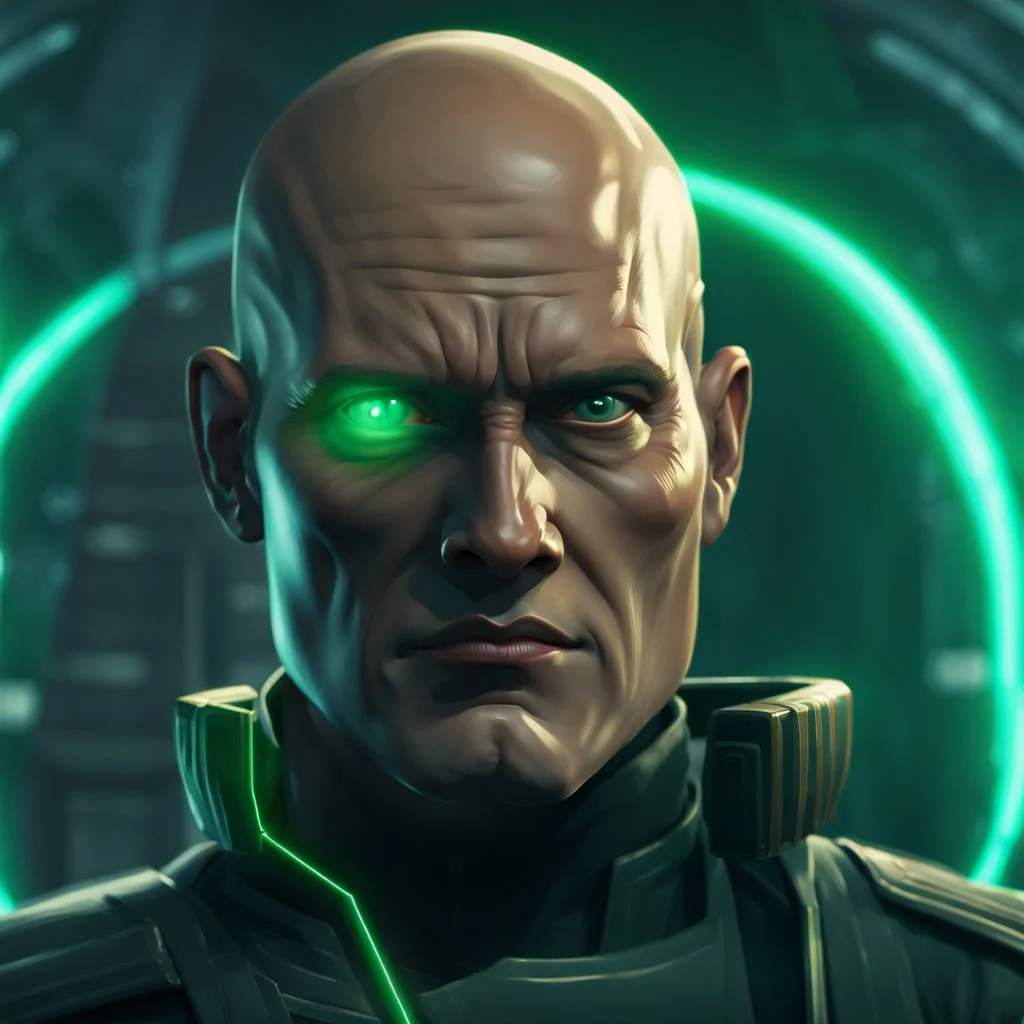 star wars bald male corellian jedi pilot wearing gunmetal grey and black old republic armored robes with gold trim inside the jedi temple holding a lightsaber with viridian green blade in left hand, centered head and shoulders portrait, hyperdetailed, dynamic lighting, hyperdetailed background, 8k resolution, volumetric lighting, light skin, fully symmetric details