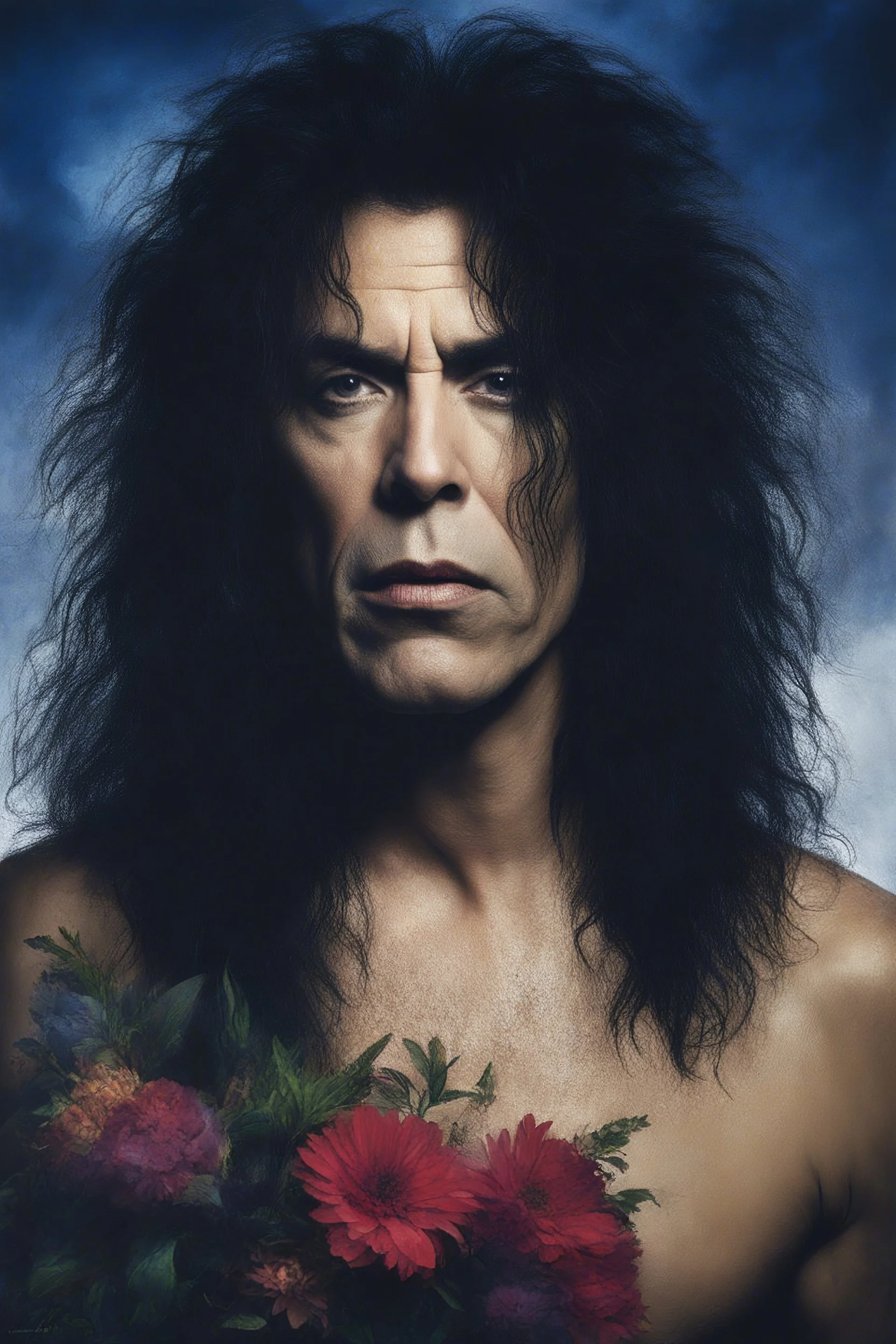 Chiaroscuro lighting, deep shadows, rich deep colors, facial portraits, 1980, 72-year-old Paul Stanley, ((1980's big hair, long, teased up Spikey Motley Crue style hair)), black hair, facial portraits, foggy, cloudy blue wall with assorted designs and multiple floral arrangements in the background, 4k, 8k, 16k, 32k, 100k UHD, Ultra-Hyper Resolution, dark, sultry eyeshadow, eyeliner, mascara, rouge, lipstick, from the rock and roll band KISS