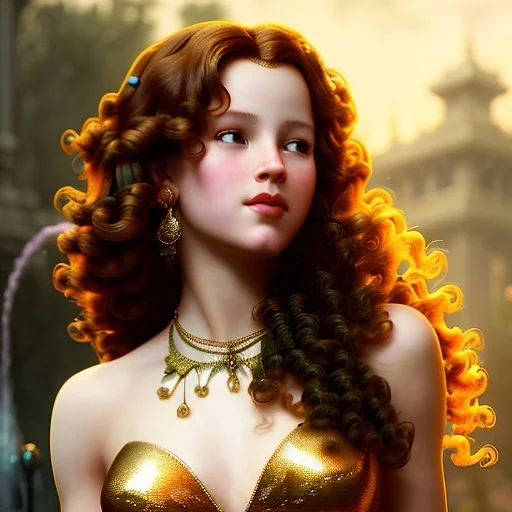 Hyperdetailed oil on canvas, young robyn lively by an ornate fountain, goldfish pond, lotus, detailed face, long muti-hued red curly hair; by gaspar camps, maxfield parrish, alphonse mucha, cyril rolando, dan mumford; luminous colorful sparkles, glitter, airbrush, octane render, volumetric lighting, 16k