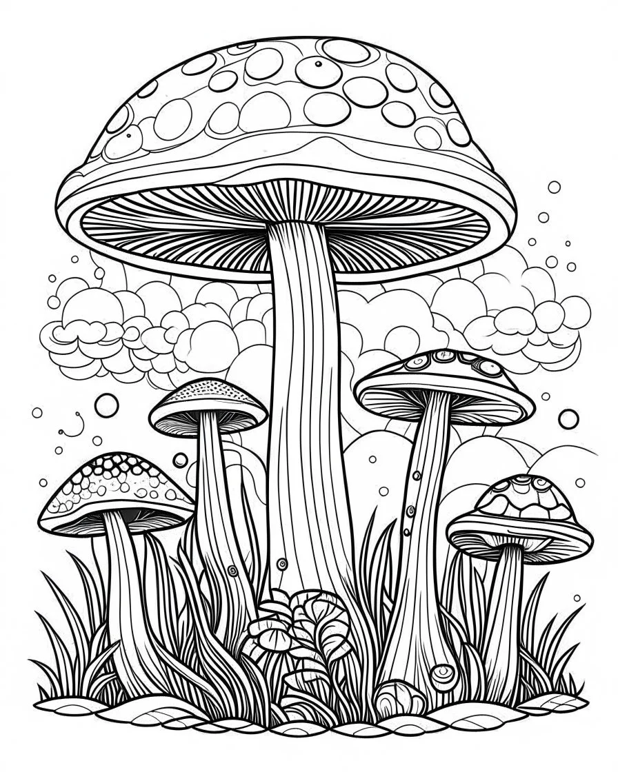 mushroom world minimalistic landscape. line art, background, vector, svg, coloring book page style, black outline on white background