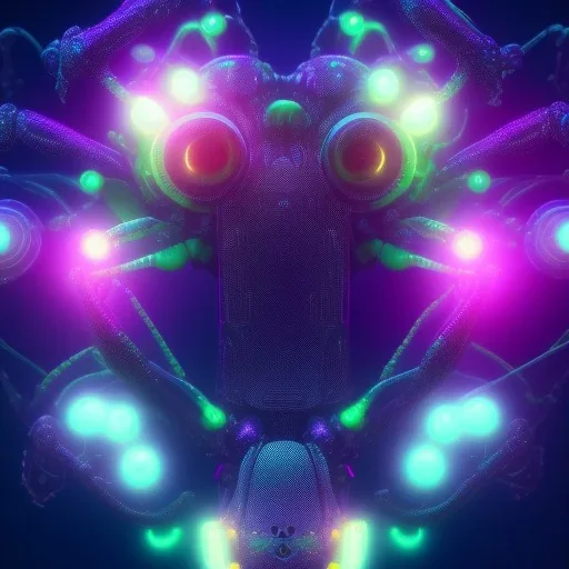 A beautiful portrait of a cyborg spider wite neon color scheme, high key lighting, volumetric light high details psychedelic background