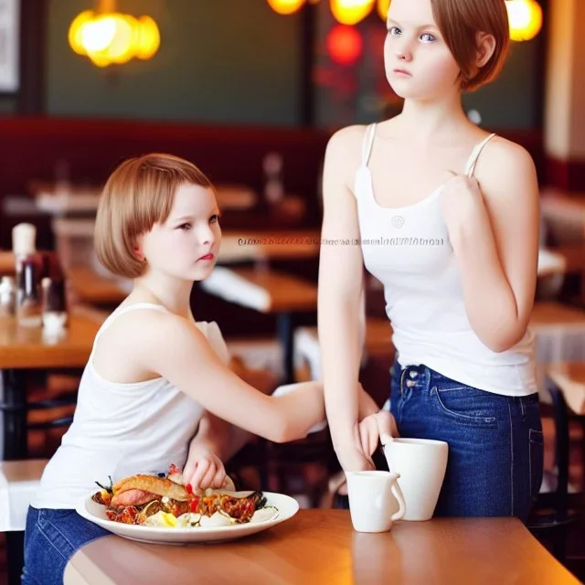 Realistic photo Russian shorthair beautiful 20-years tomboy boyish boylike young wife wide hips in restaurant with little daughter