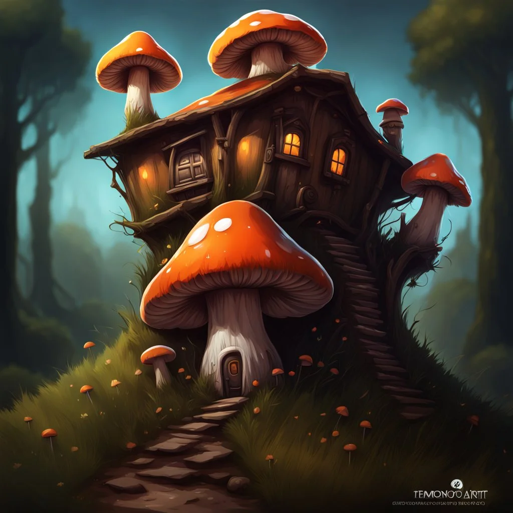 short mushroom house ( orange white ), on tall dirt pillar with a grassy top deepspace (black): a.. Detailed gloss Painting, rich color, fantastical, intricate detail, splash screen, hyperdetailed, insane depth, concept art, 8k resolution, trending on artstation