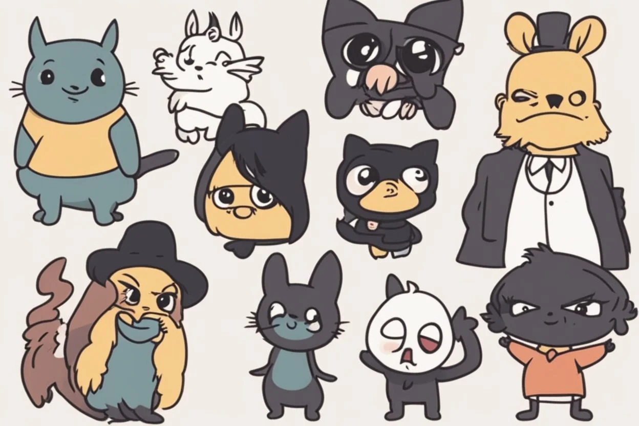 6 very simple and cute dark cartoon characters that I could draw