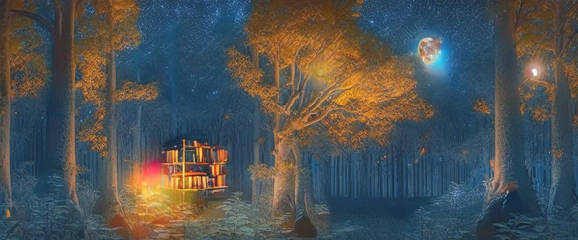 long distance view a library in forest with fireflies and orange mystic lights around trees that have wide leaves and broad trunked. Night with moon light. Realistic