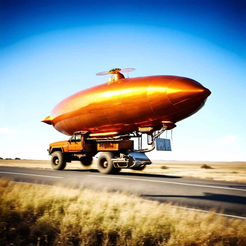 award winning photograph of a steampunk house-fly ufo genetic-spliced dirigible designed by only one vehicle per image painted metallic orange traveling at a high rate of speed, jet intake off of front center of vehicle and jet exhaust out the rear bilaterally symetrical, more a high speed road vehicle