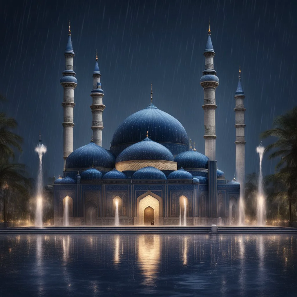 Hyper realistic beautiful navy-blue coloured mosque in a dark rainy night with water fountains