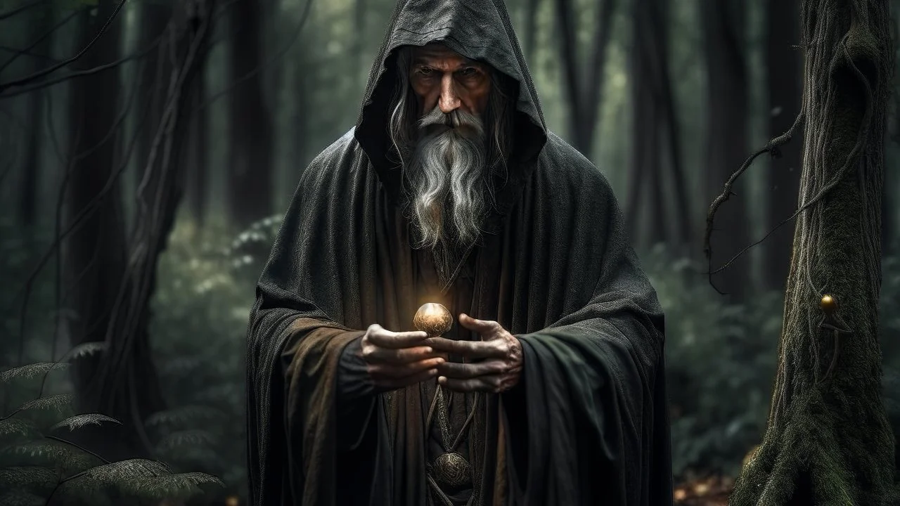 The hooded sorcerer in the forest