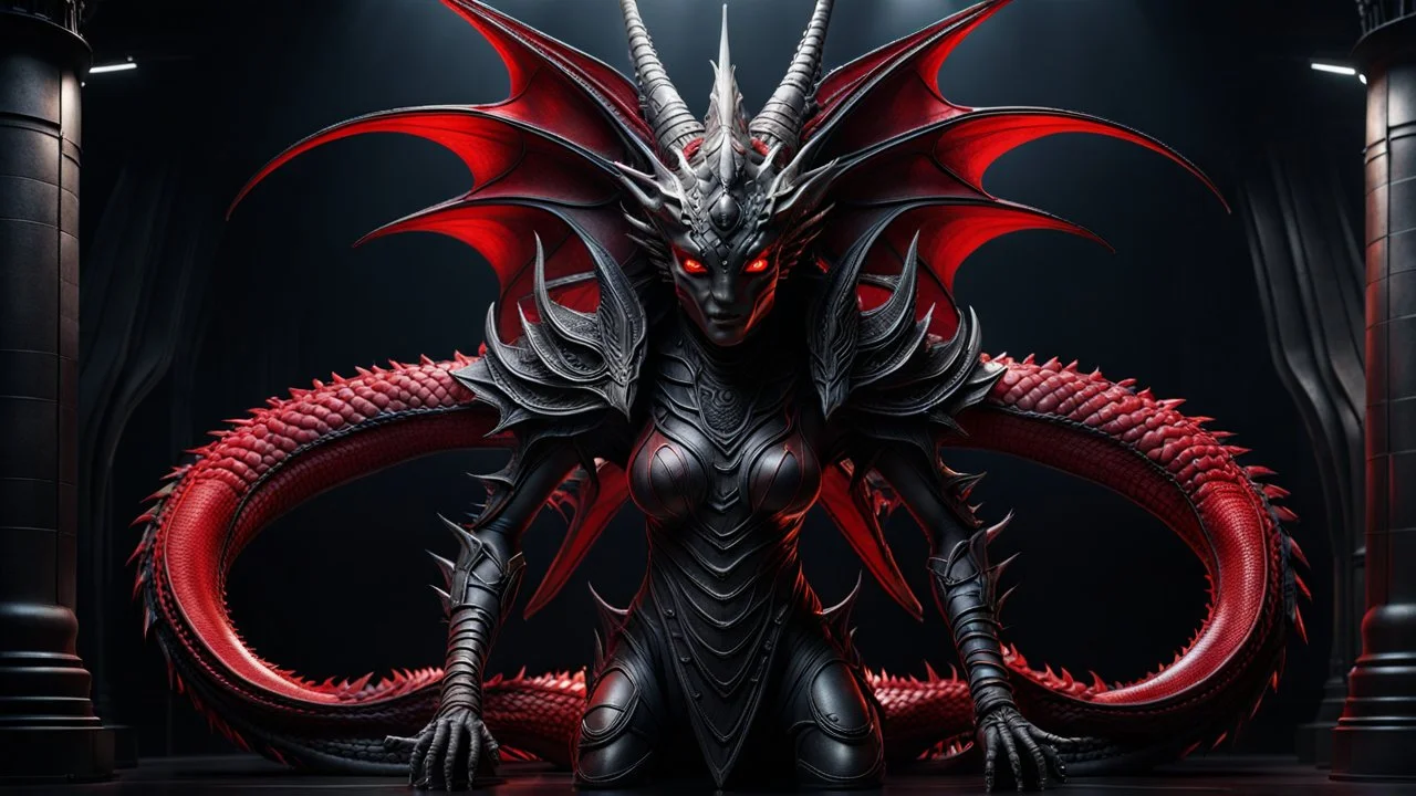 she is a dragon and a demon. h. r. giger. red. fantasy concept art, exquisite realism, a masterpiece, dynamic lighting, hyperdetailed, intricately detailed, deep color, Unreal Engine, volumetric lighting , Epic cinematic brilliant stunning intricate meticulously detailed dramatic atmospheric maximal, CAMERA: Nikon Z7 | FOCAL LENGTH: 105mm | SHOT TYPE: Close-up | COMPOSITION: Centered | LIGHTING: Soft, directional