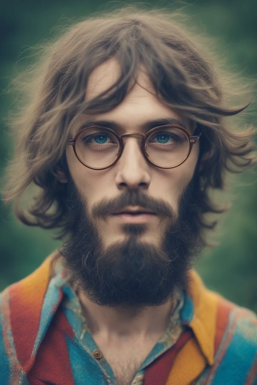 Hippie bohemian young man with Parisian bohemian look and glasses of colours and poor and short short short and poor hair on the head with receding hairline. Farsightedness glasses with big eyes. Long beard. Vintage look and feel like photo styleof the 70s