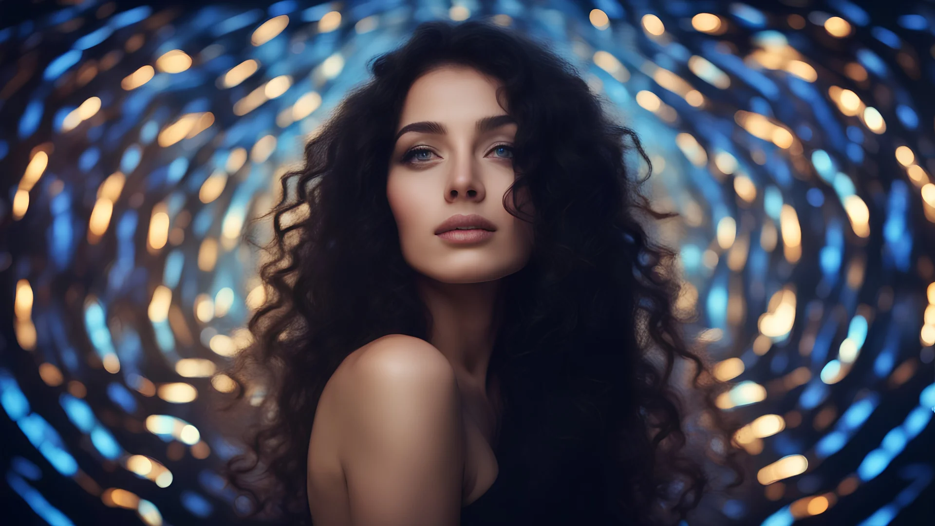 Beautiful Latin woman with long curly hair. soft smile. Close up of a beautiful girl with blue eyes and black hair. She is looking toward the sky. Surrounded by Magic Lights Abstract Positive Energy Background, mesmerizing background