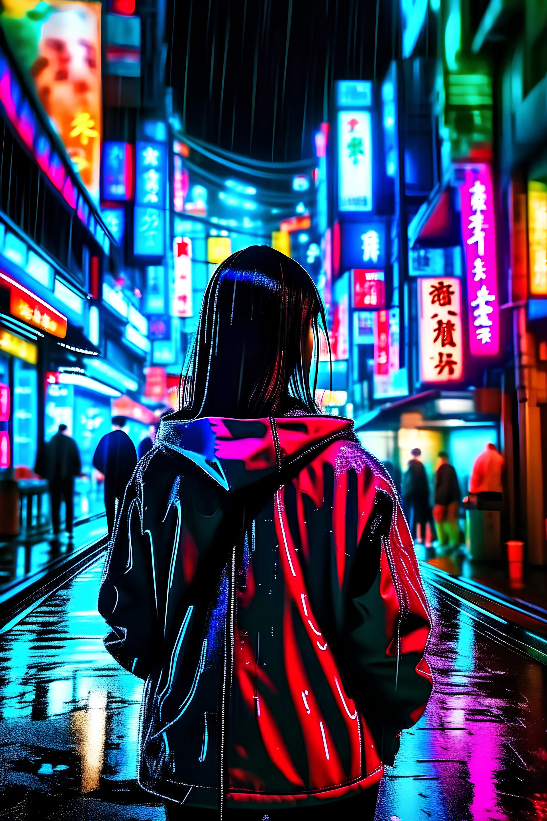 kyouko hori in tokyo rainy night with neon lights from her back point of view