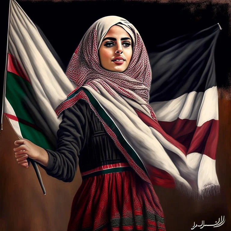 A very beautiful girl carrying a large Palestinian flag in her hands and waving it while wearing a keffiyeh and an embroidered Palestinian dress.