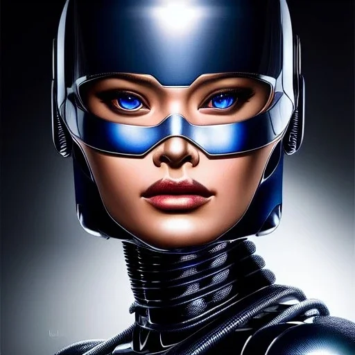 Ultra detailed fullbody Portrait in oil on canvas of female Robocop,extremely detailed digital painting,ultrarealistic skin,intense stare, extremely detailed face, crystal clear eyes, mystical colors ,perfectly centered image, perfect composition, rim light, beautiful lighting,masterpiece ,8k, stunning scene, raytracing, anatomically correct, in the style of Simon Bisley and uncannyknack and Ohrai Noriyoshi and robert e howard and Steve Jung.