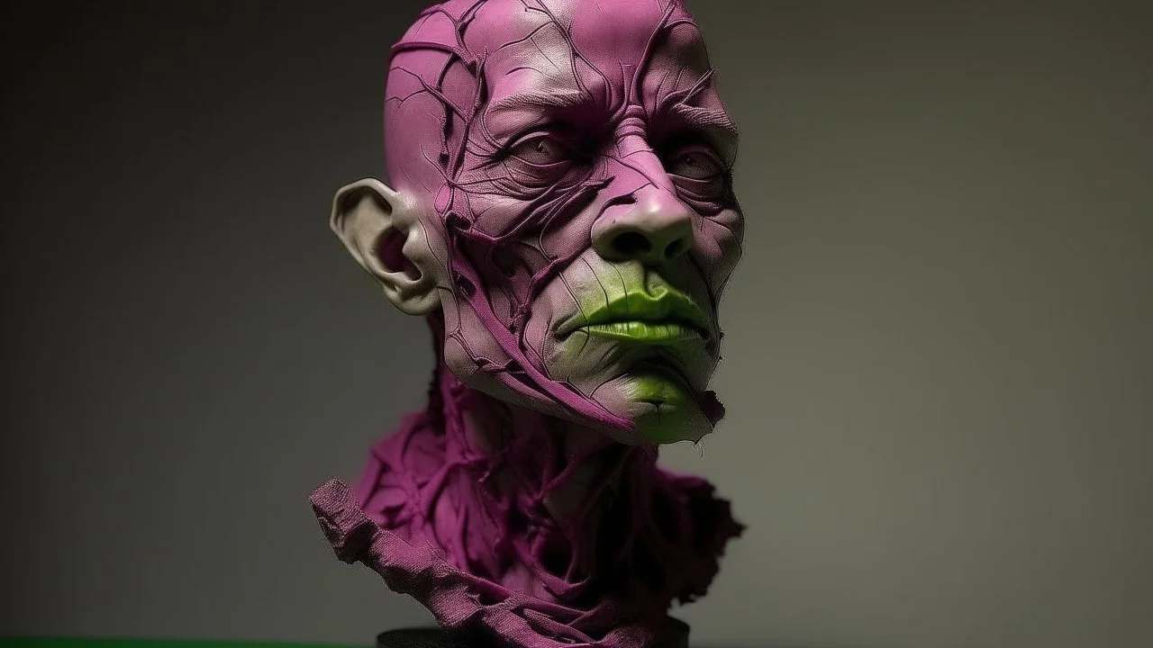 A terrifying sculpture. Humanism. Subtle olive and magenta themes.