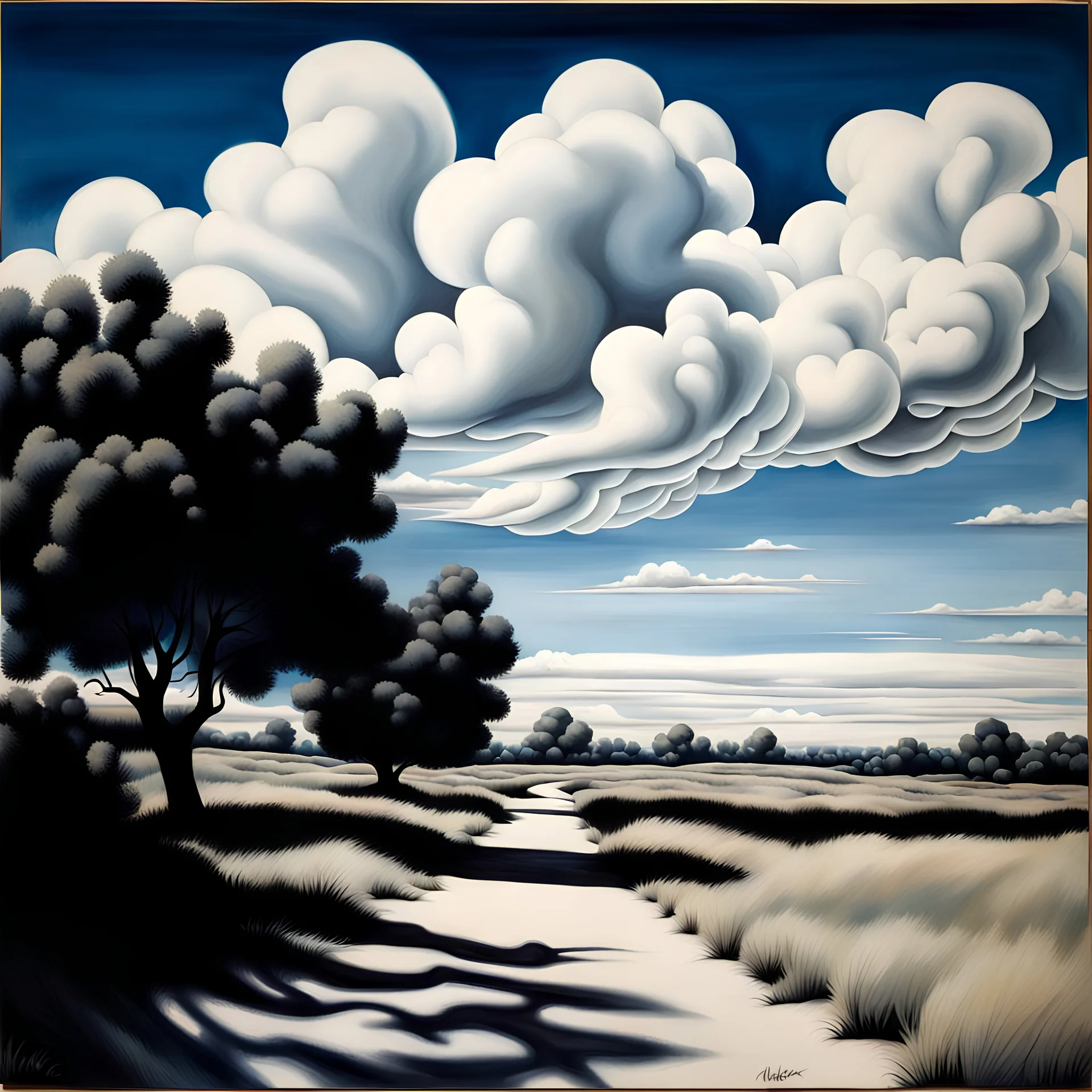 Landscape with nonsense forms, sharp focus, white, blue, shadows, creepy, photorealism, clouds, sky