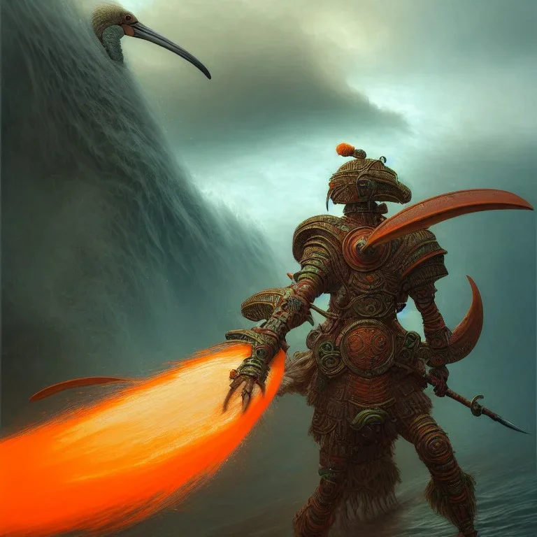 an ibis warrior in orange and green full battle armor, a highly detailed illustration, background of giant crashing ocean waves, realistic render, 8 k, micro detail, intricate, elegant, centered, digital painting, Artstation, smooth, sharp focus, illustration, artgerm, tomasz alen kopera, peter mohrbacher, donato giancola, joseph christian leyendecker, wlop, boris vallejo