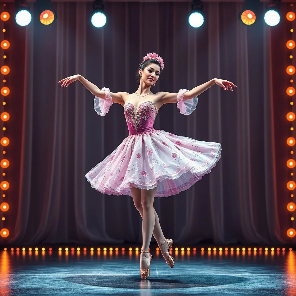 create of a beautiful balerina in pretty clothing in a modern cifi stage in her performance cinamatic lights .dancing lambada