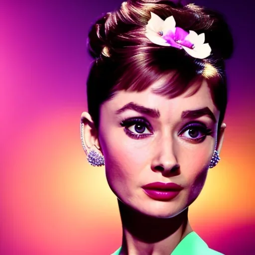 Audrey Hepburn has purple effect. She has beautiful eyes, Her hair flies in the air. with yellow flowers for hair, closed eyes, rtx, reflection, 8k, glow, winning photography, caustics