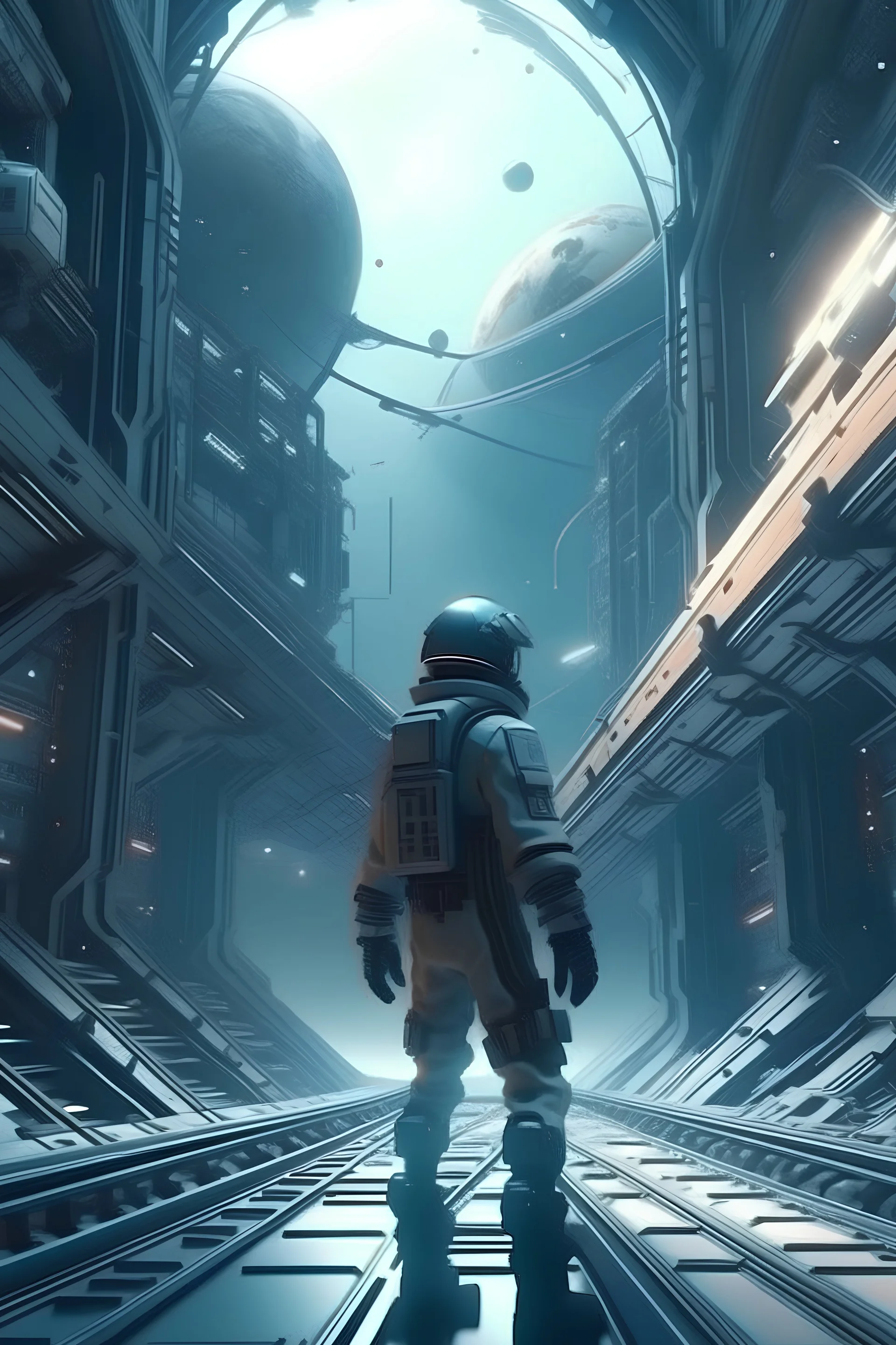 close up, a citizen walking in a orbital space city surrounding an inhabited planet. Hard science fiction, high resolution