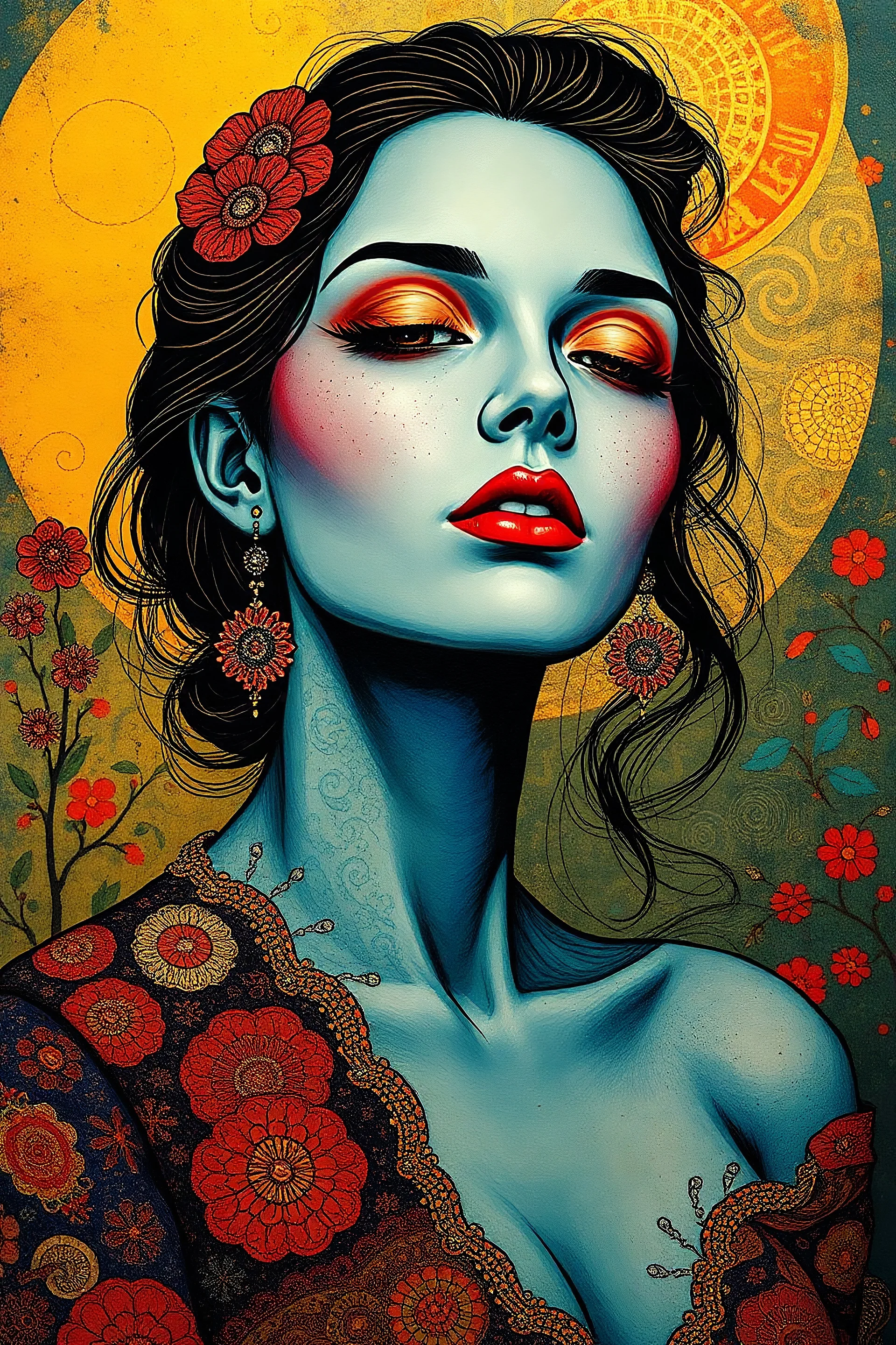 Surreal-dadaism of beautiful woman,fauvism mondrial by Ross Draws,Andy Kehoe, Hokusai, bold colors,gold foil, zentangle art by Norman Rockwel