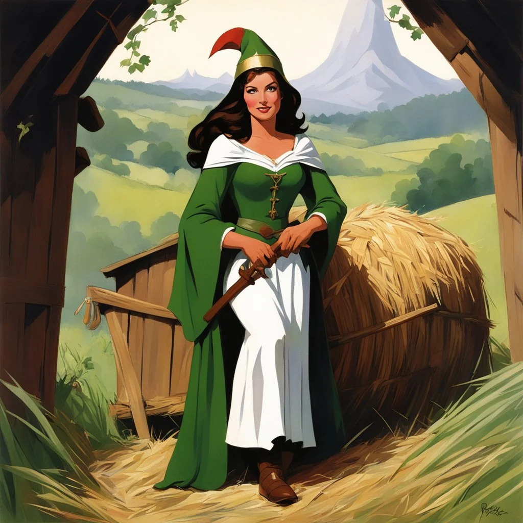 woman version of Maid Marian, on a haystack in a barn with a parchment [art by Steve Rude] Robin Hood