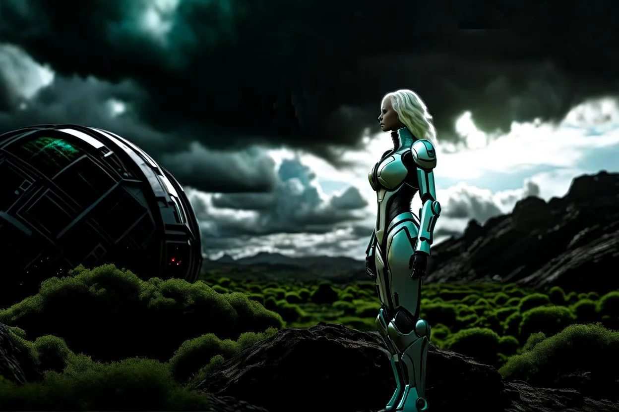 Wide angle photo of a sci-fi woman with blond hair, silver and black futuristic spacesuit looking android-like, standing on a derelict alien jungle planet with cloud trees in multiple green hues