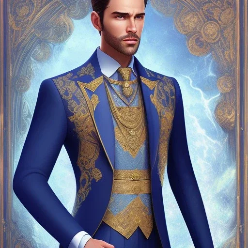 handsome male mage with sapphire floral and botanical men's suit details, sharp eyes, mixed gemstones, magic, intricate, high details