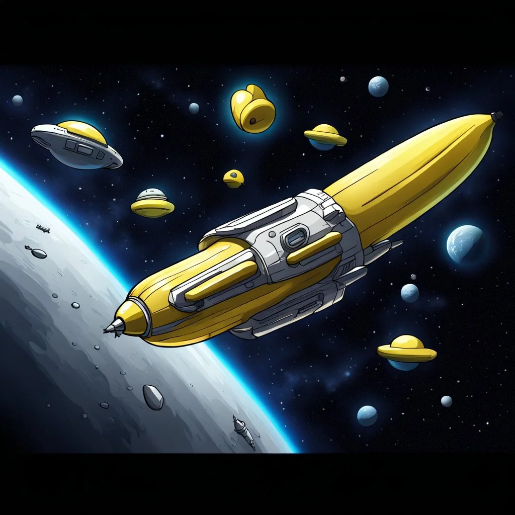 draw cartoon yellow banana as starship flying in space.