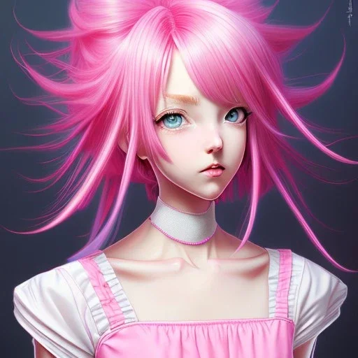 Personagem de anime de cabelo rosa,dona de casa usando um vestido rosa,médio detalhe,alta resolução,pintado por Hirohiko araki