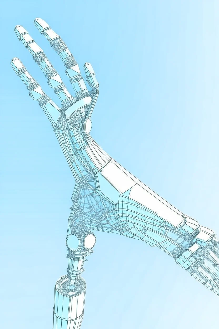 Draw mechanical arm drawing scientific papers with slender flexible structure and flexible joint. The three-dimensional structure in the figure needs to be filled with color, and the background uses the light blue sky composition.