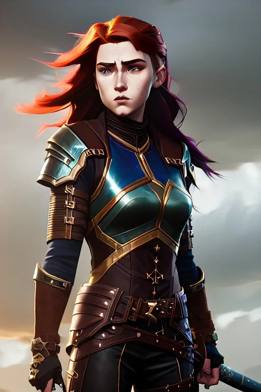 hyper realist, hyper detailed, stunningly beautiful 16 year old teen girl, long ginger hair, green eyes, medium freckles, full lips, revealing leather armour, full body and head, c-cup breasts, stern expression, full frame, petite, ignore NSFW, shortbow, quiver on hip