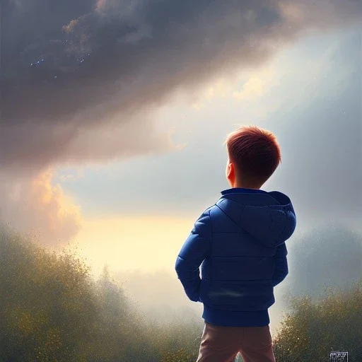 A boy looking at Sky while it's raining, mood, colorful, beautiful, high detail, high quality.