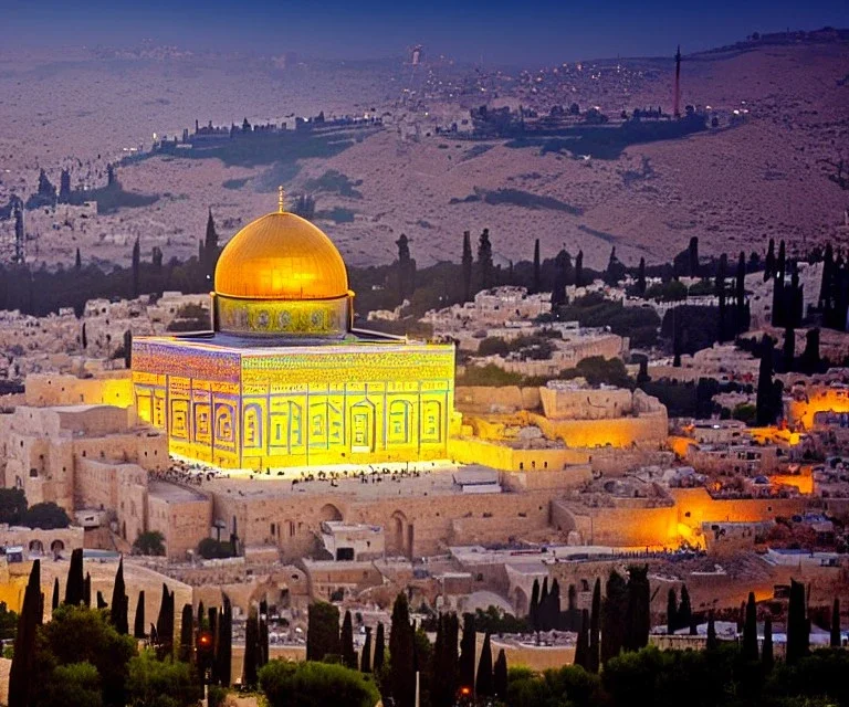 100,000,000 christians, men, women,and children, WORSHIPPING, dressed in white, beam of light coming from square Temple in center, Jerusalem, hills and valley in background, dusk, Anglels flying