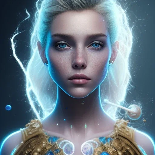 slightly smiling blonde pretty yoga artist,freckles, plain hair with blue sparks, labyrinth background , levitated lab equipment, 4k, Highly Detailed, Masterpiece, perfect eyes, Digital Illustration, Cinematic Lighting, Realistic, Sharp Focus, Centered, Beautifully Lit, Bioluminescent by Stanley Artgerm Lau